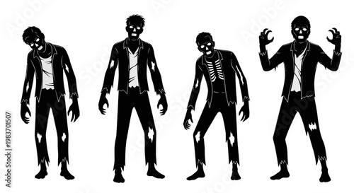 Tableau sur toile Group of Four Black Silhouette Zombies in Ripped Clothing with Skeletal Features