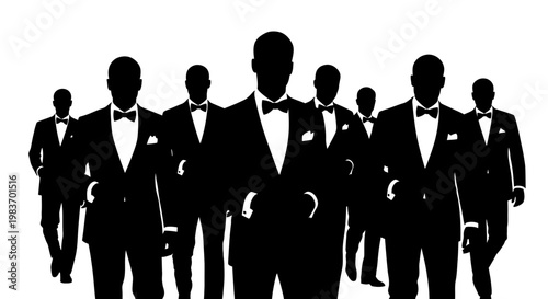 Fotografie Group of Men in Black Tuxedos with Bow Ties Representing Business Teamwork and E