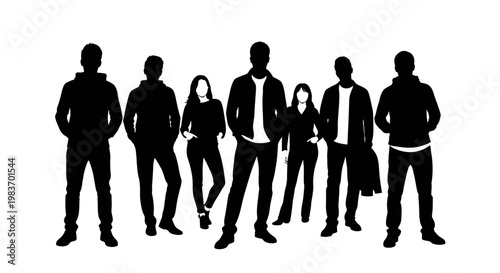 Group of Seven People Silhouettes Standing Confidently with Hands in Pockets