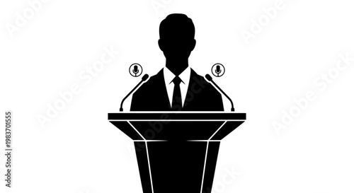 Silhouette of a Speaker at a Podium with Microphones for Public Speaking Engagements