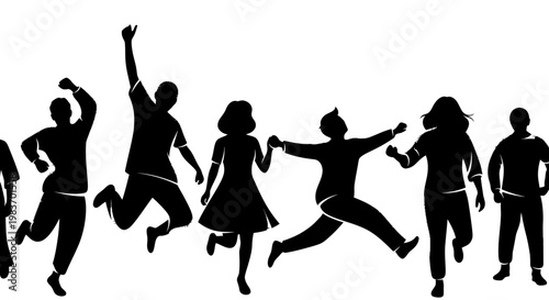 Joyful Silhouettes of People Jumping Celebrating Together with Arms Raised High