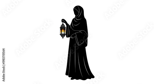 Silhouette of a Woman in Hijab Holding an Islamic Lantern