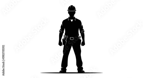 Silhouette of Construction Worker with Hard Hat and Tools Standing Firmly Ready for Work