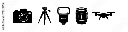 Set of black silhouettes representing photography and videography equipment, including a camera, tripod, flash, lens, and drone. Professional photo gear icons isolated on a white background.