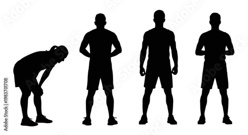 Silhouettes of Athletes Ready for Competition and One Recovering from Exhaustion