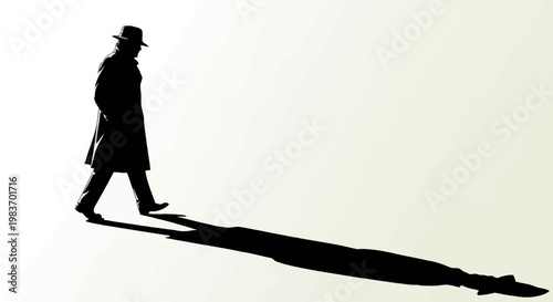 Silhouette Detective in Trench Coat and Hat Casting Long Shadow