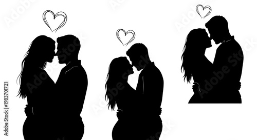 Silhouettes of Couples Embracing with Hearts Symbolizing Love and Romance