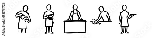 Minimalist hand-drawn stick figure icons of cafe staff: barista pouring coffee, waiter with tray, staff cleaning table, and counter clerk. Professional black and white vector sketches.