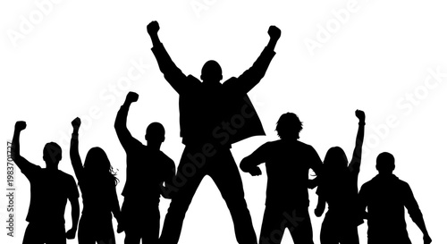 Foto Silhouettes of Diverse People Celebrating Together Raising Arms in Triumph