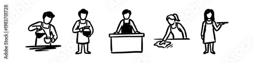 Hand-drawn set of barista and cafe staff icons in black line art. Illustrations depict pouring coffee, cleaning, serving, and working behind a counter for hospitality and restaurant branding.