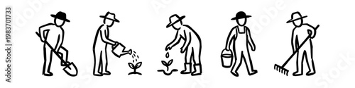 A set of hand-drawn minimalist black line art icons of farmers and gardeners performing tasks like digging, watering, planting, and raking, isolated on white for agricultural design themes.