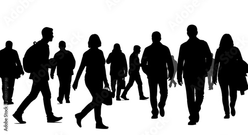 Silhouettes of diverse people walking in a crowd with bags and backpacks