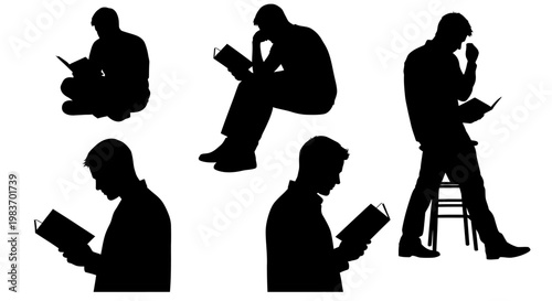 Silhouettes of Men Reading Books in Various Poses: Sitting, Standing, Contemplative