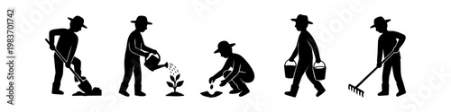 Set of gardener silhouettes performing tasks like digging, watering, planting seeds, carrying buckets, and raking. Black icons on a white background for agriculture and gardening themes.