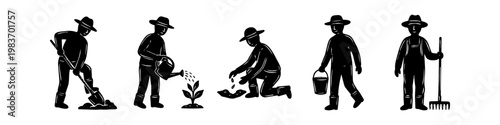 Hand-drawn black silhouettes of a gardener engaged in various activities: digging, watering plants, sowing seeds, carrying a bucket, and holding a rake. Isolated on white background.