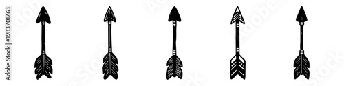 Hand-drawn tribal arrows in a rustic bohemian style. Five unique black ink vector illustrations of ethnic arrows isolated on a white background, perfect for graphic design and DIY projects.