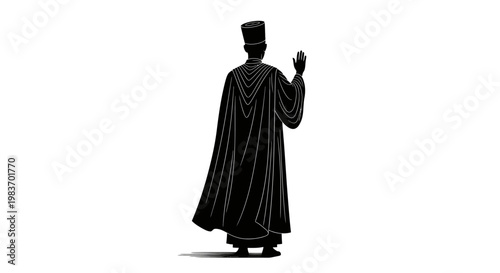 Silhouette of a Cleric in Traditional Robes, Raising Hand in Blessing or Greeting