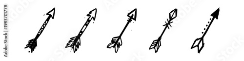 Set of five hand-drawn tribal arrows in bohemian doodle style. Minimalist black ink sketch illustration, perfect for boho decor, rustic designs, and creative vector art projects.