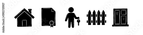 Set of hand-drawn real estate silhouettes including a house, contract document, owner with a key, wooden fence, and window. Ideal for property sales, construction, and home buying themes.