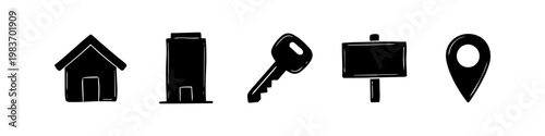 Set of hand-drawn real estate and navigation icons featuring a house, building, key, signpost, and map pin. Perfect for property marketing, app interfaces, and web design.