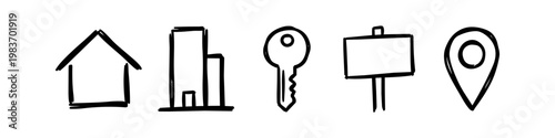 Hand-drawn real estate doodle icons set including house, building, key, sign, and location pin. Minimalist black sketchy illustrations for property, housing, and map navigation concepts.