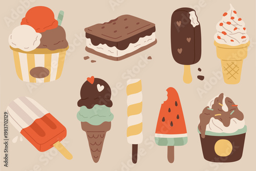 Colorful ice cream set on beige background in flat cartoon style. Collection of cones, popsicles, scoops and desserts with chocolate, fruit and toppings. Bright summer sweets for kids design, packagin