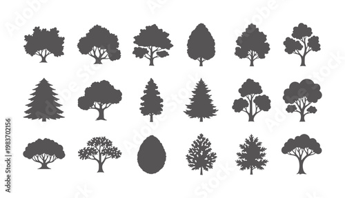 Collection of diverse dark grey tree silhouettes white