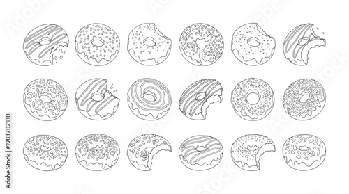Collection of outline donuts with various toppings and bites food sweet dessert