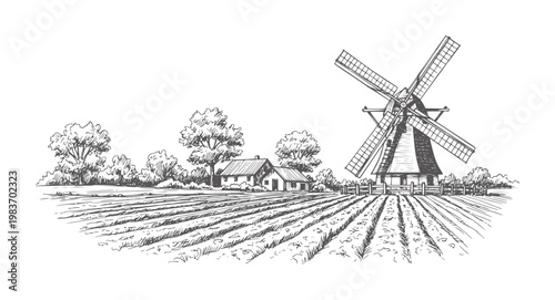 Rural landscape with windmill and farmhouse in a cultivated field cultivation