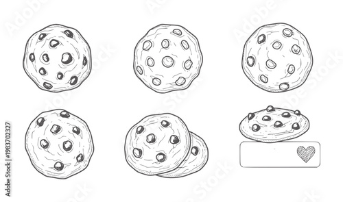 Six hand drawn chocolate chip cookies in various arrangements baked sweet
