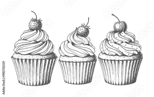 Three hand drawn cupcakes with fruit toppings white dessert sweet food baking