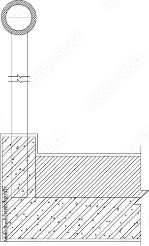 Technical architectural cross-section detail of a vertical circular element base set into a stepped masonry and concrete foundation with distinct hatching patterns.