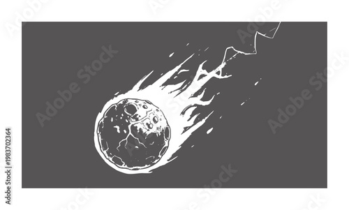 White meteor with fiery tail streaks across dark gray sky comet space