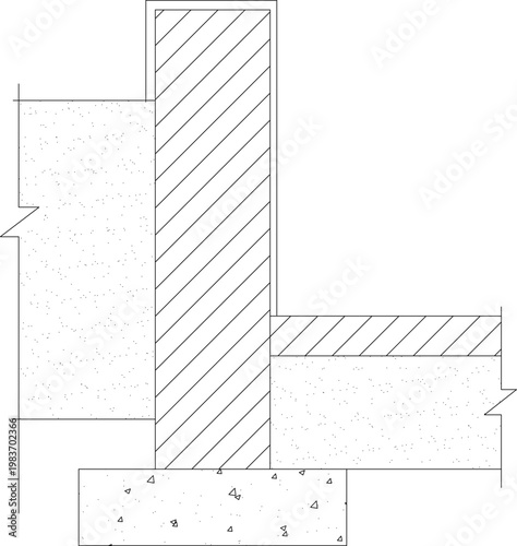 Technical architectural cross-section showing a vertical masonry wall, horizontal concrete slab, and foundation footing with distinct hatching and stippling textures.