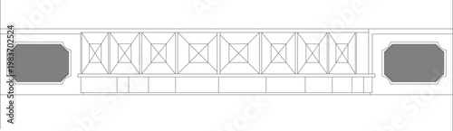 Technical line drawing of a horizontal truss structure featuring X-bracing, rectangular supports, and solid octagonal end pieces in blueprint style.
