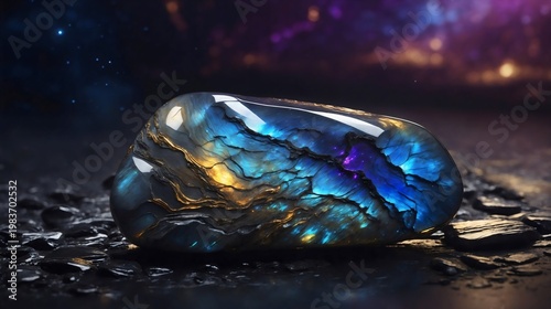A stunning piece of Labradorite gemstone, with vibrant blue and gold flashes, resting on a dark, textured surface, set against a cosmic background.