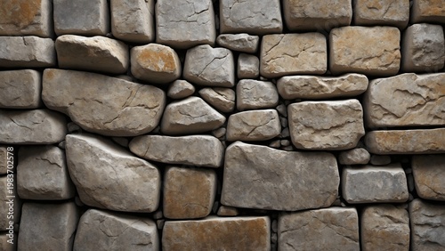 An ancient stone wall with irregular shaped rocks forming a sturdy barrier. The texture of the stone shows its age and resilience