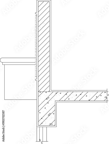 Technical architectural cross-section detail showing a reinforced concrete wall and floor slab connection with hatching patterns and aggregate texture.