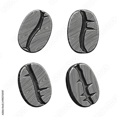 Four detailed coffee beans in grayscale, isolated on white background.