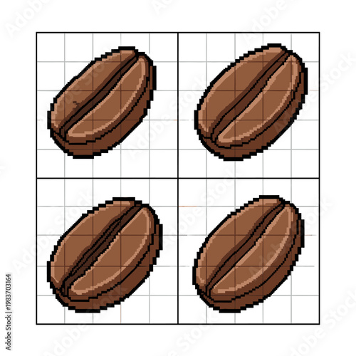Four pixelated coffee beans on a grid background, close up shot.