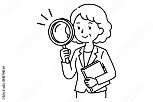 Woman holding magnifying glass and book with magnifying searching research analysis investigation discovery