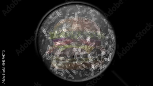 Magnified Bacteria On A Cheeseburger Through A Magnifying Glass Highlighting Food Safety
