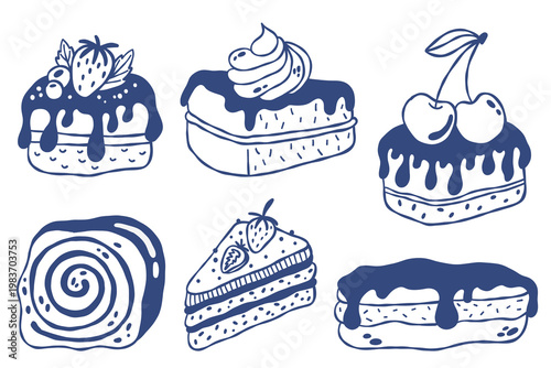 Hand drawn outline set of dessert cakes and sweet pastries including strawberry cake, cherry cake and cream desserts in doodle style. Perfect for bakery menus, packaging, stickers, dessert branding