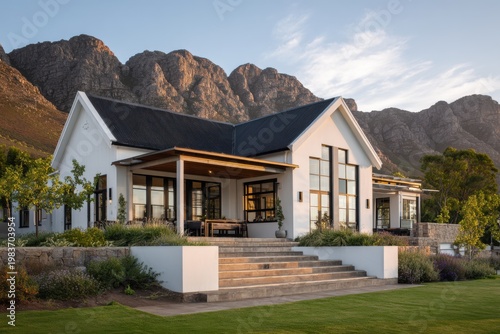 Modern house sits against mountain backdrop during late afternoon sun with trees and grass in front of steps leading to porch area