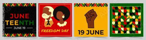 Juneteenth collection de cards with characters and African patterns. Perfect for social media, branding, merchandise, campaigns and cultural awareness projects. Vector illustration