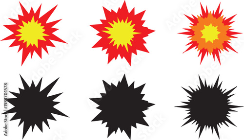 Explosions Graphic Set: This graphic set showcases a dynamic collection of explosion visuals, featuring vibrant color gradients and bold black silhouettes to capture the essence of impact and energy.