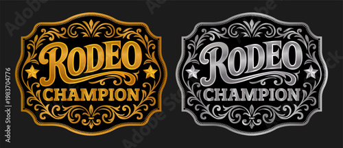 Ornate classic Rodeo Champion cowboy style buckle medal typographic tag emblem, label design Luxurious cowgirl bull rider gold silver medal emblem engraving vector design