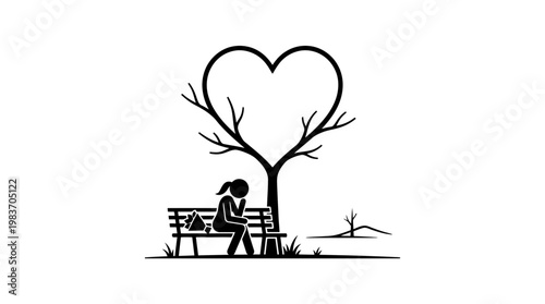 Woman Sitting on Bench Under a Heart-Shaped Tree