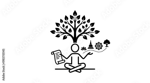 Meditating Figure with Spiritual Symbols Under a Bodhi Tree