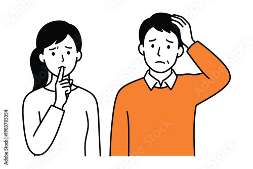 Woman signaling silence and man looking confused with body language communication breakdown lack of understanding